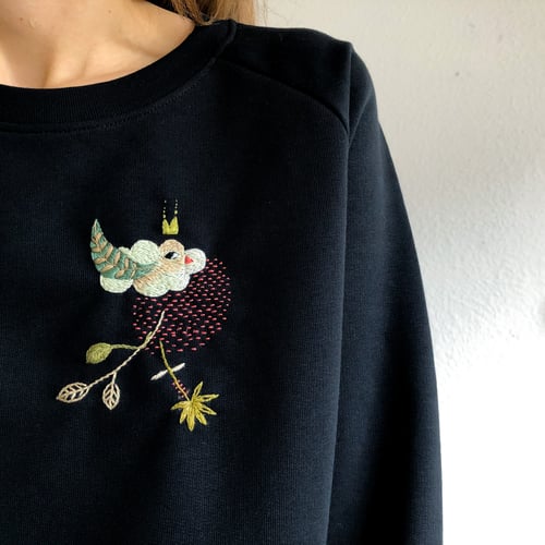 Image of Hybrid bird-cloud, hand embroidered organic cotton sweatshirt, available in ALL sizes