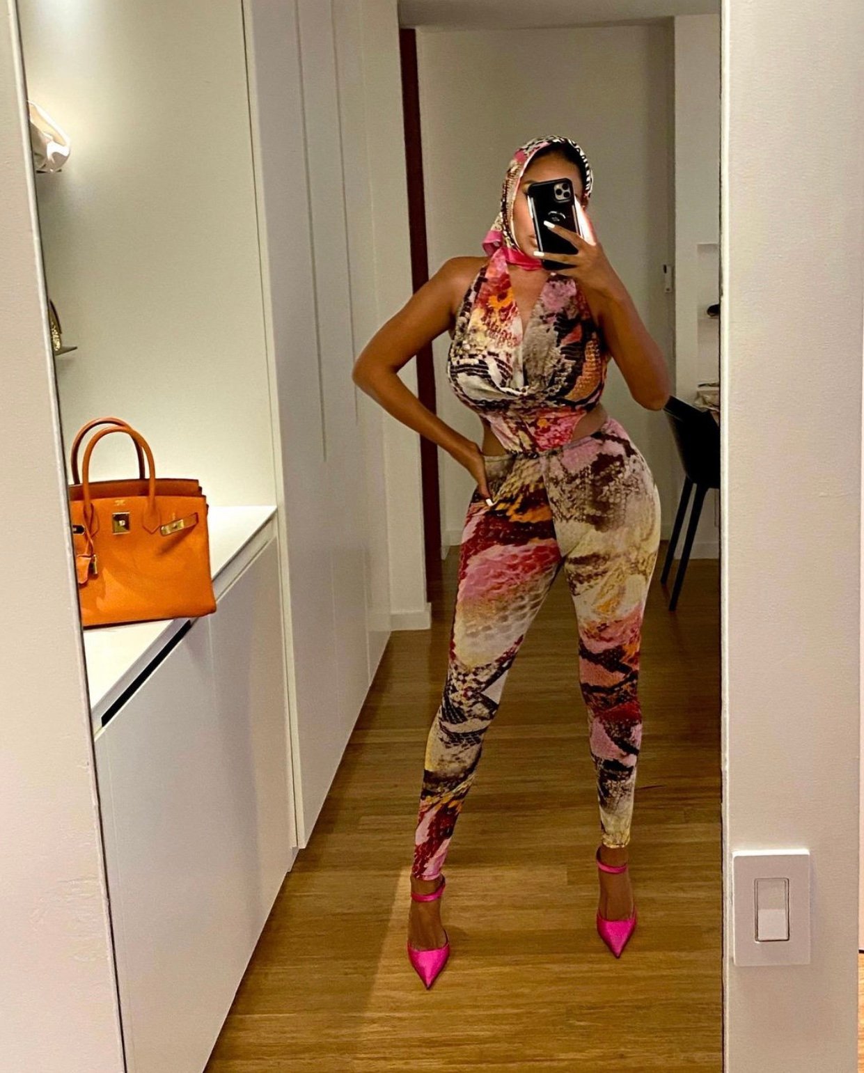 Image of SNAKE PRINT HALTER-NECK JUMPSUIT WITH HEADSCARF (LARGE)