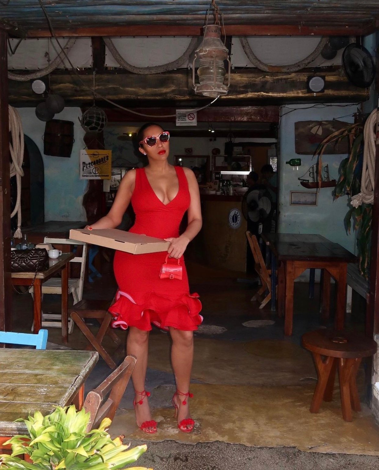 Image of RED EXTRA RUFFLED MIDI DRESS (SMALL)