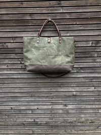 Image 2 of XL carryall made in olive green waxed filter twill