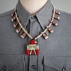 1930s Depression Era Santo Domingo Battery Bird Necklace 22 inch with Turquoise Chip Inlay White Gyp