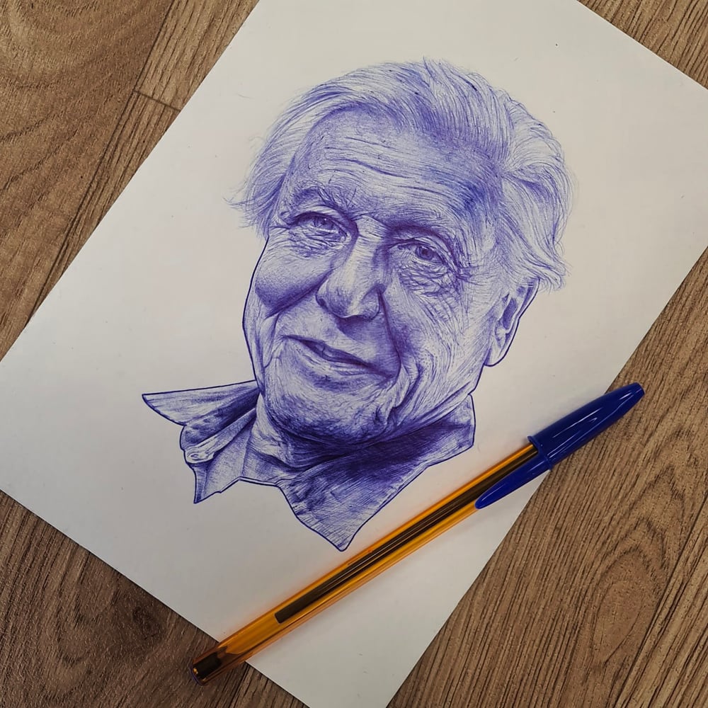 Image of DAVID ATTENBOROUGH - BIRO PORTRAIT *ORIGINAL*