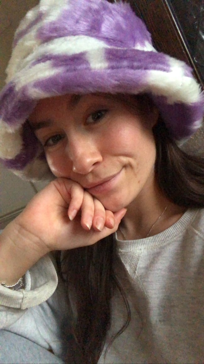 Sustainable faux fur purple & white cow hat 