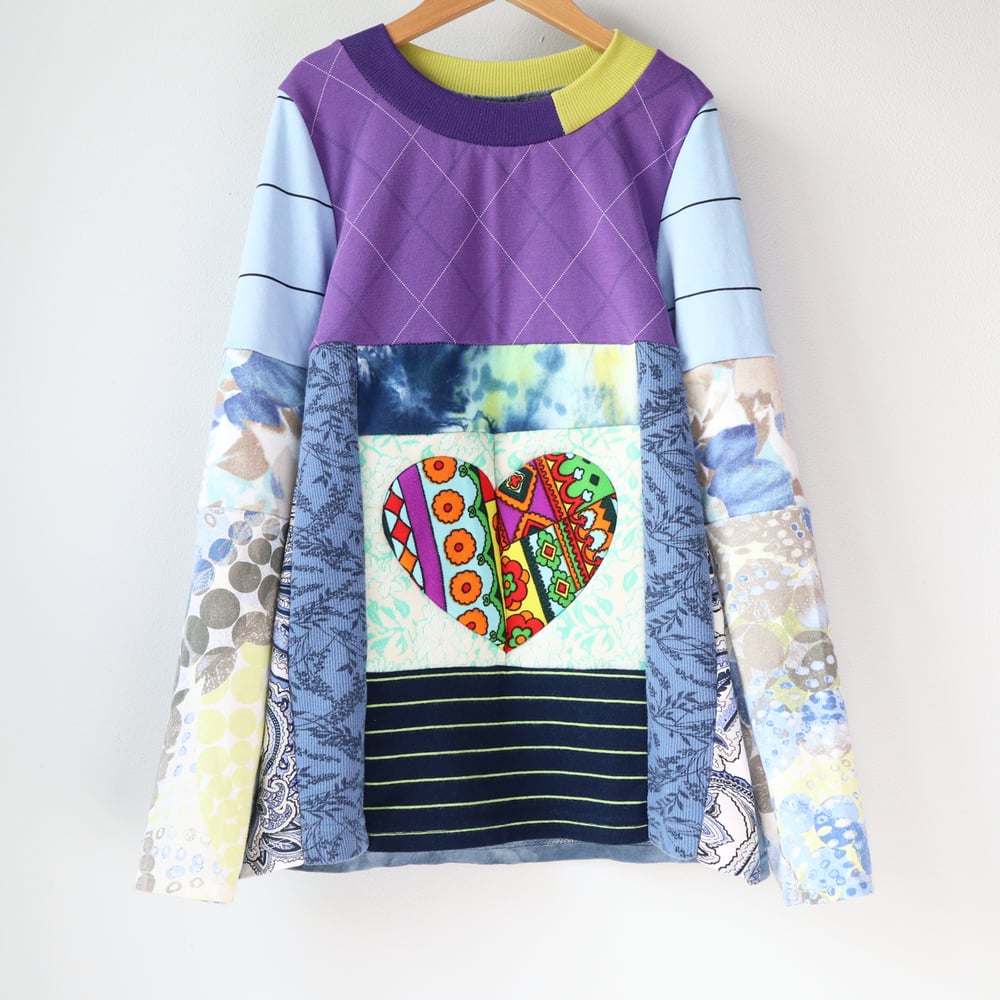 Image of blues purple PATCHWORK HEART 10/12 VINTAGE FABRIC LONG SLEEVE COURTNEYCOURTNEY VALENTINES DAY TOP