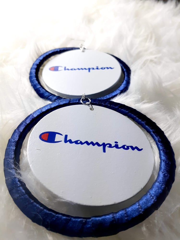 Image of Beautiful Statement, I am Champion, Designer, Blue and Red, Wood and Ribbon Earrings
