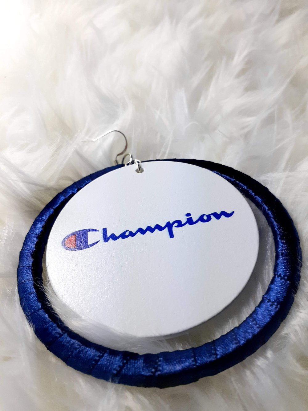 Image of Beautiful Statement, I am Champion, Designer, Blue and Red, Wood and Ribbon Earrings