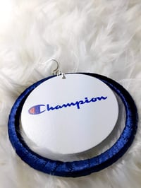 Image 4 of Beautiful Statement, I am Champion, Designer, Blue and Red, Wood and Ribbon Earrings