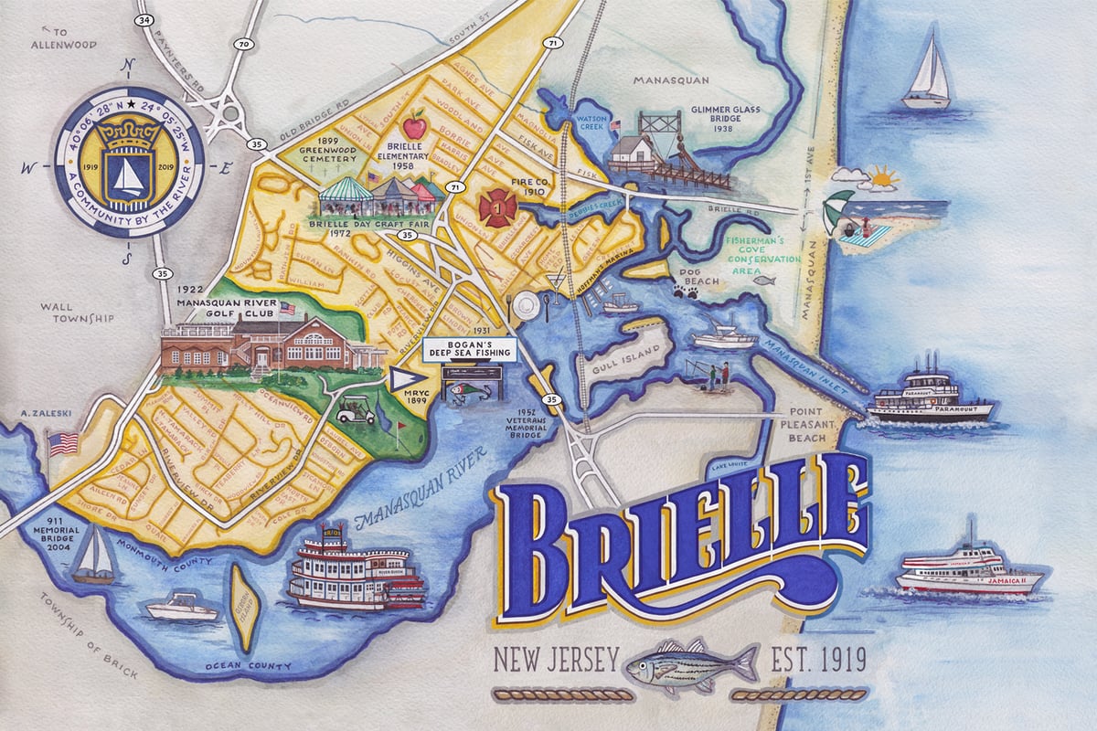 Brielle, NJ Illustrated Map / Invitations, Ink Studio