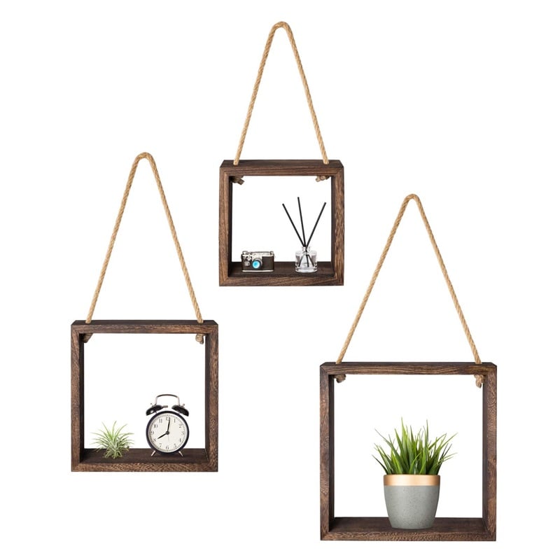 Image of wood wholesale hanging wall rustic mount shelf set of 3,for Bedroom, Living Room,plants pot