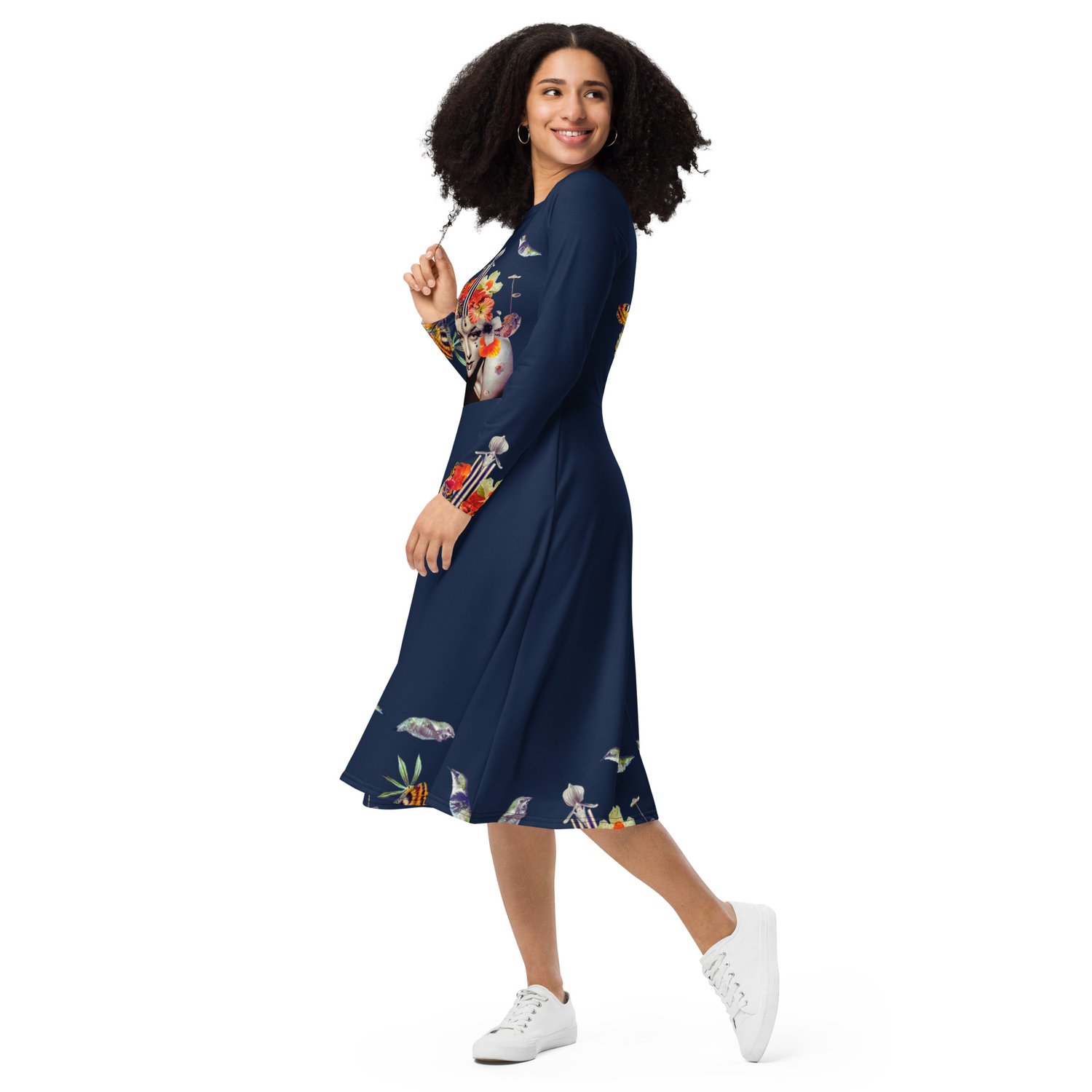 Image of Rhythm of the Moon - Navy - All Over Print - Long Sleeve Dress With Pockets