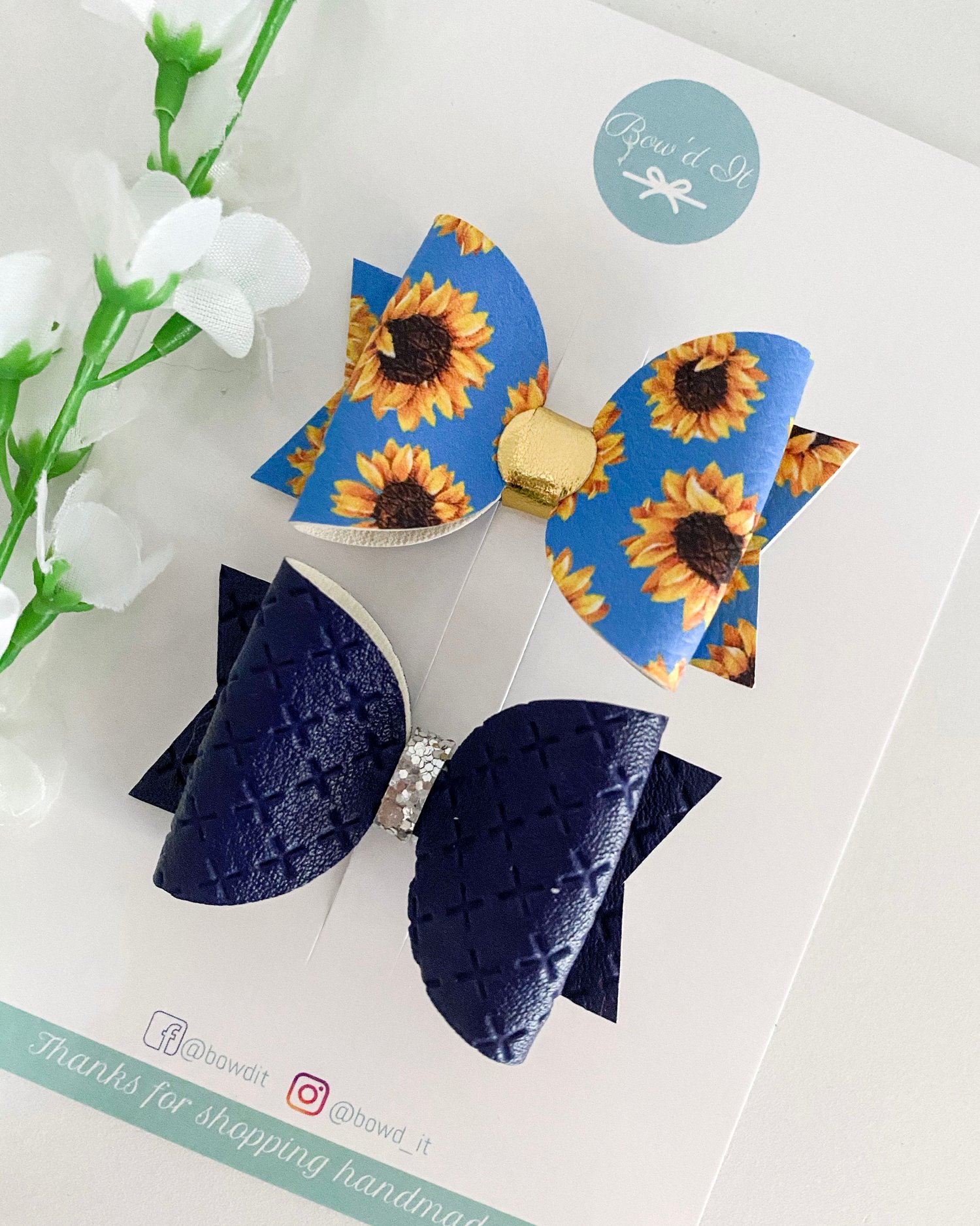 Small set of sunflowers and navy bows