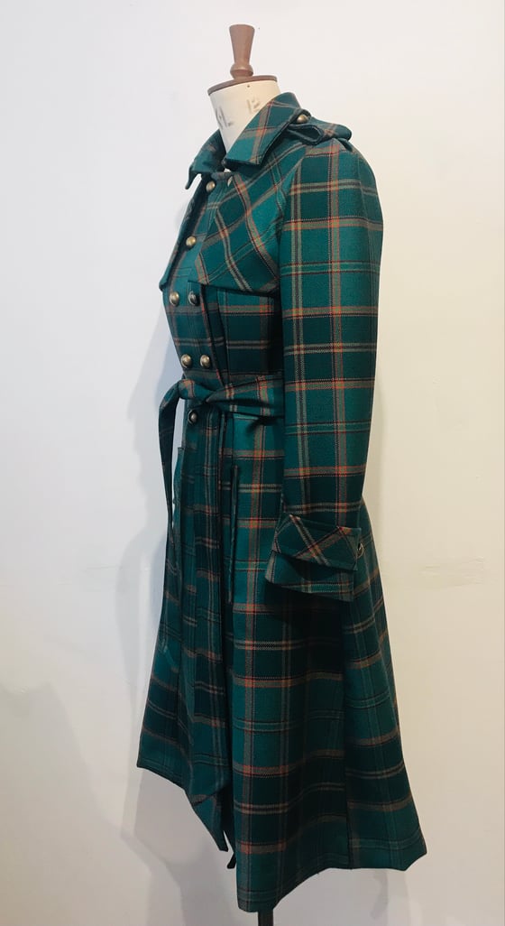 Image of Green tartan wool belted trench coat