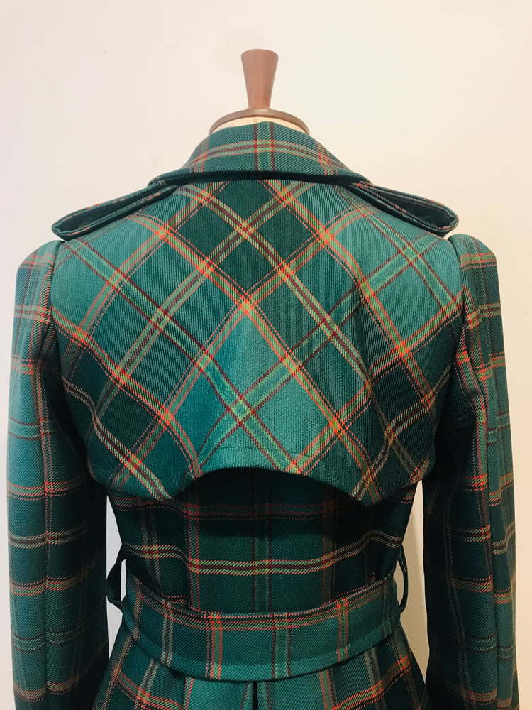 Image of Green tartan wool belted trench coat