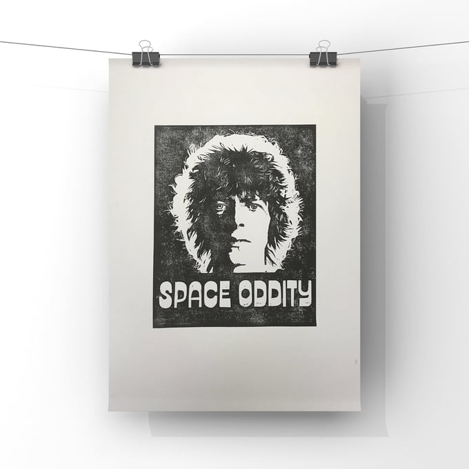 Image of David Bowie. Space Oddity. Hand Made. Original A3 linocut print.