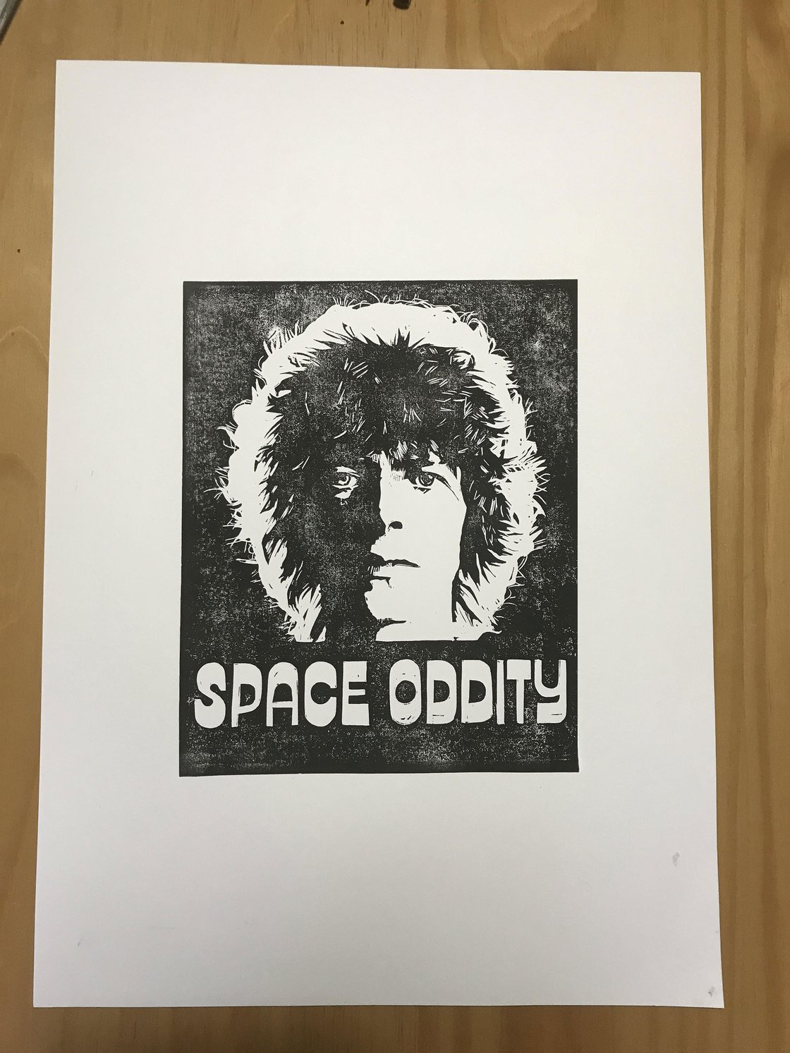 Image of David Bowie. Space Oddity. Hand Made. Original A3 linocut print.