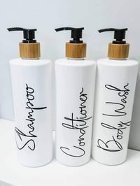 Image 1 of White/Bamboo Pump Dispenser Bottles 