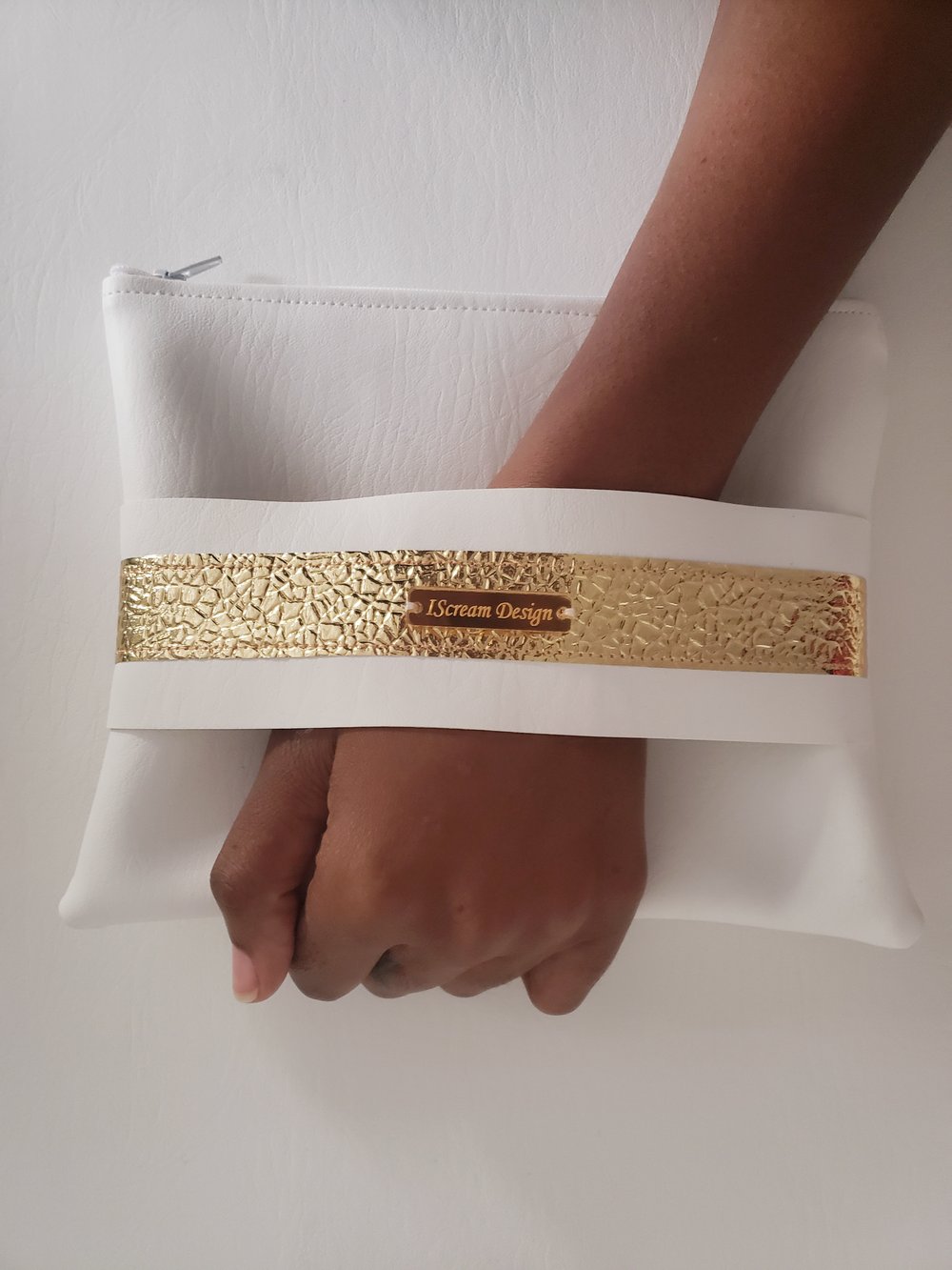 Image of White Gold Clutch with Hand Strap