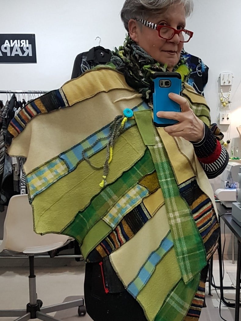 Image of collage shawl, pale yellow, green
