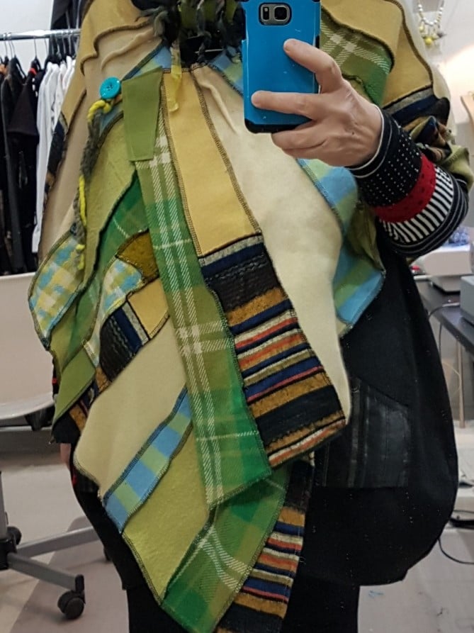 Image of collage shawl, pale yellow, green