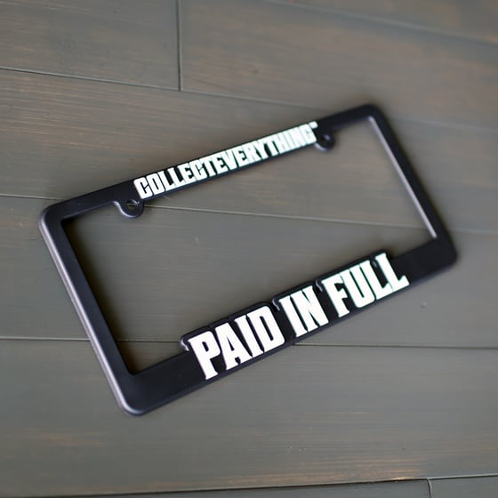 Image of PAID IN FULL license plate frame. 