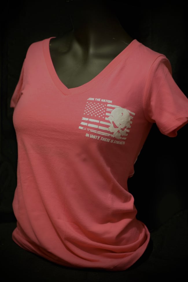 Road King Nation OG Short Sleeve Ladies V-Neck Pink Shirt. (White Ink)