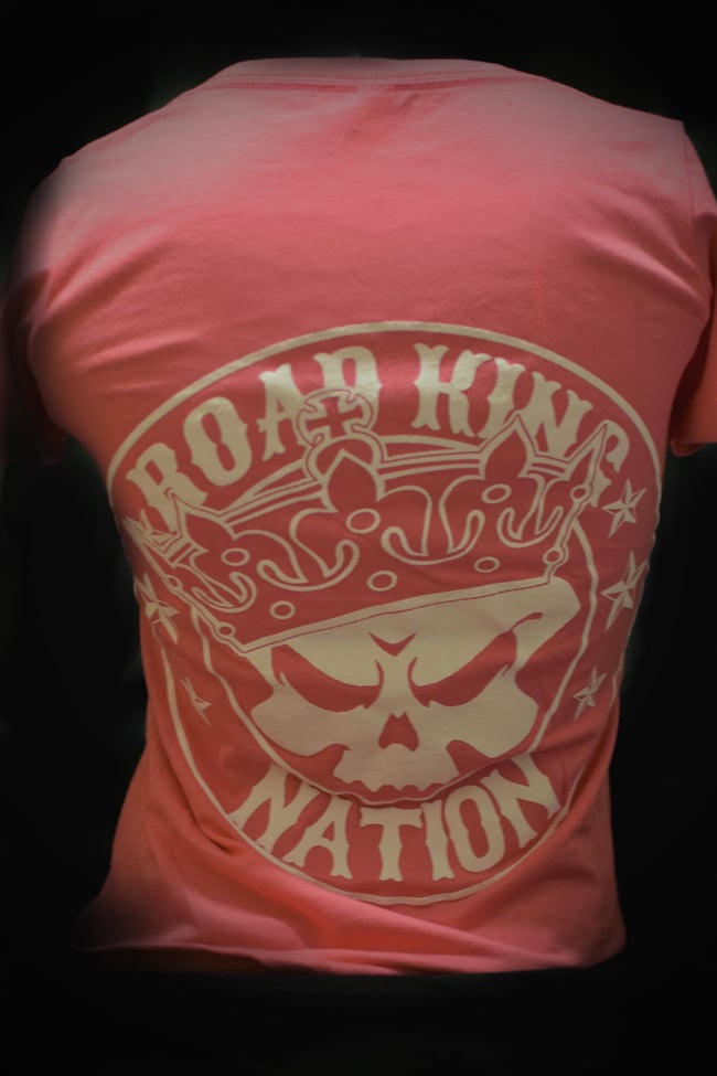 Road King Nation OG Short Sleeve Ladies V-Neck Pink Shirt. (White Ink)