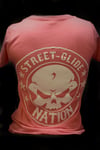 Street Glide Nation OG Short Sleeve Ladies V-Neck Pink Shirt. (White Ink)