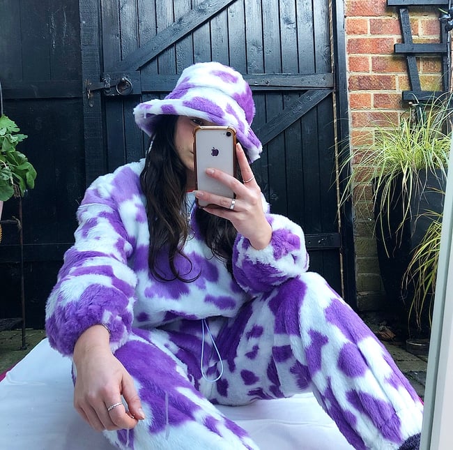 Sustainable faux fur purple & white cow hat 