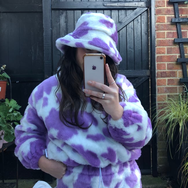 Sustainable faux fur purple & white cow hat 