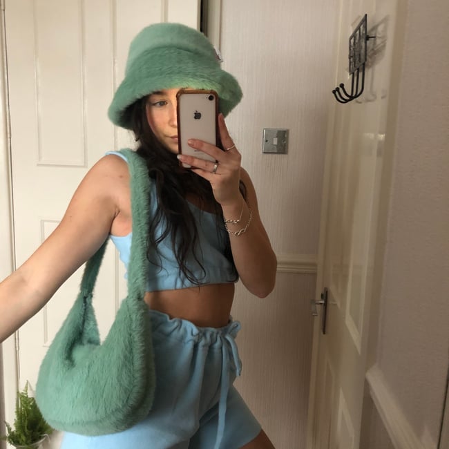 Sage green short hair faux fur ba