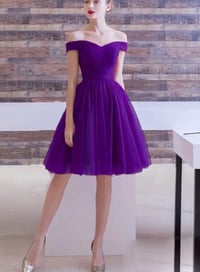 Image 1 of Off Shoulder Purple Tulle Homecoming Dress, Short Prom Dress Party Dress