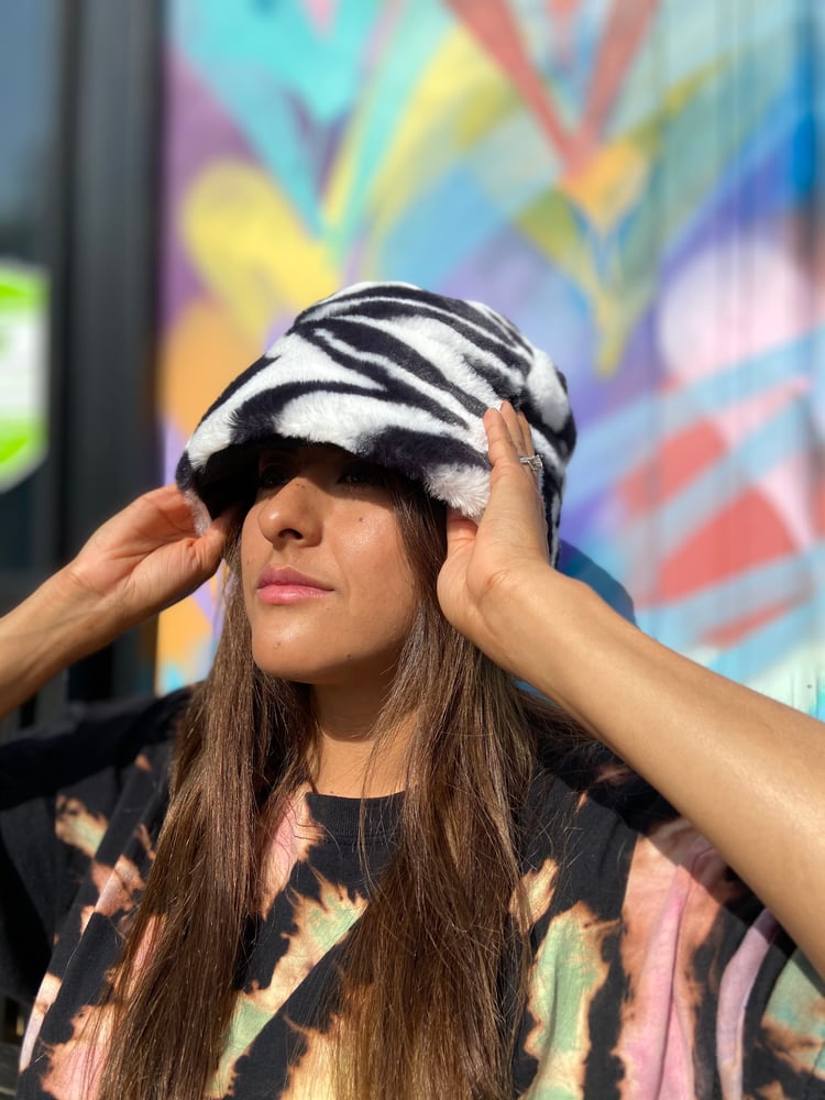 Image of Zebra Print Faux Fur Beanie