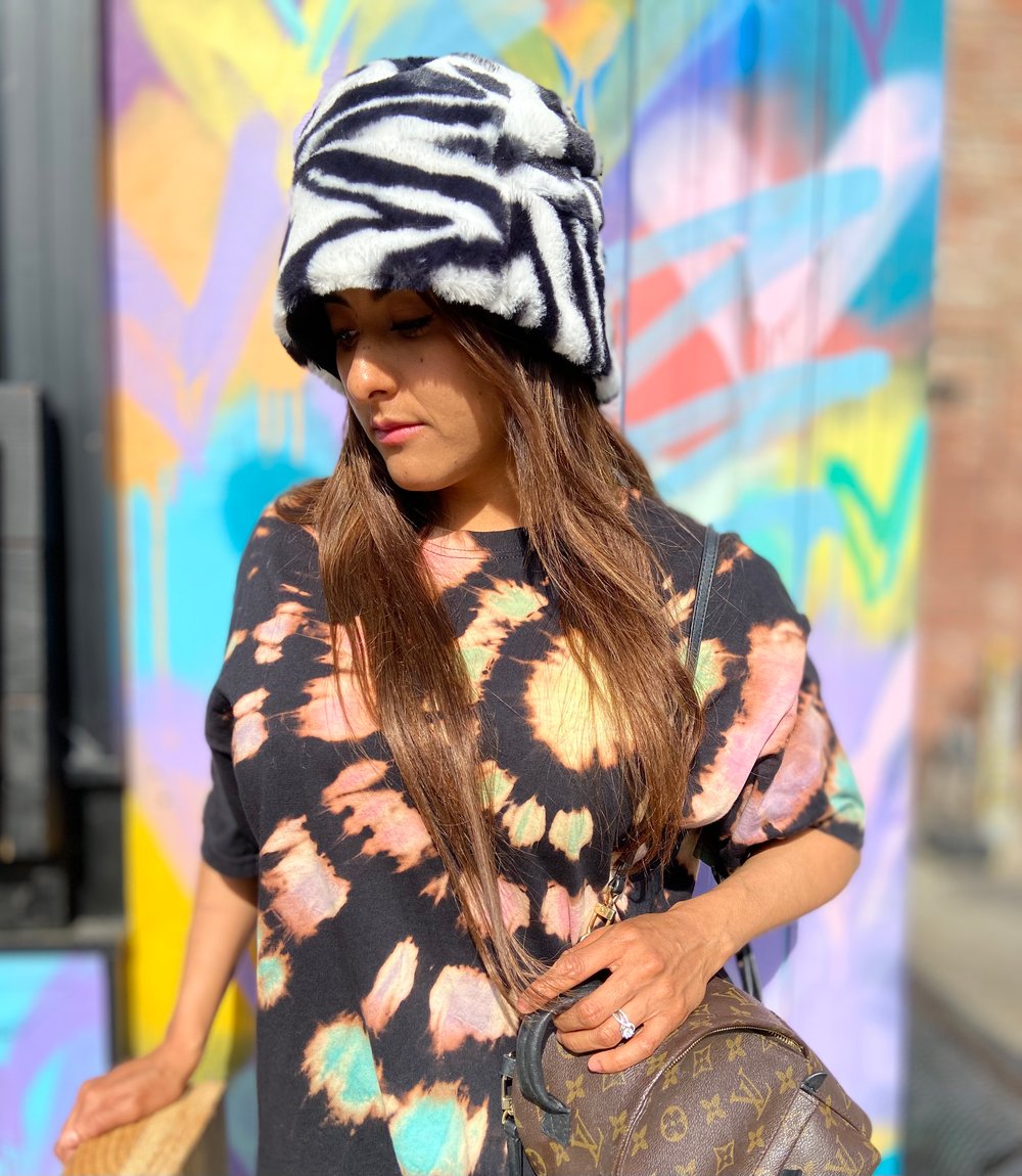 Image of Zebra Print Faux Fur Beanie
