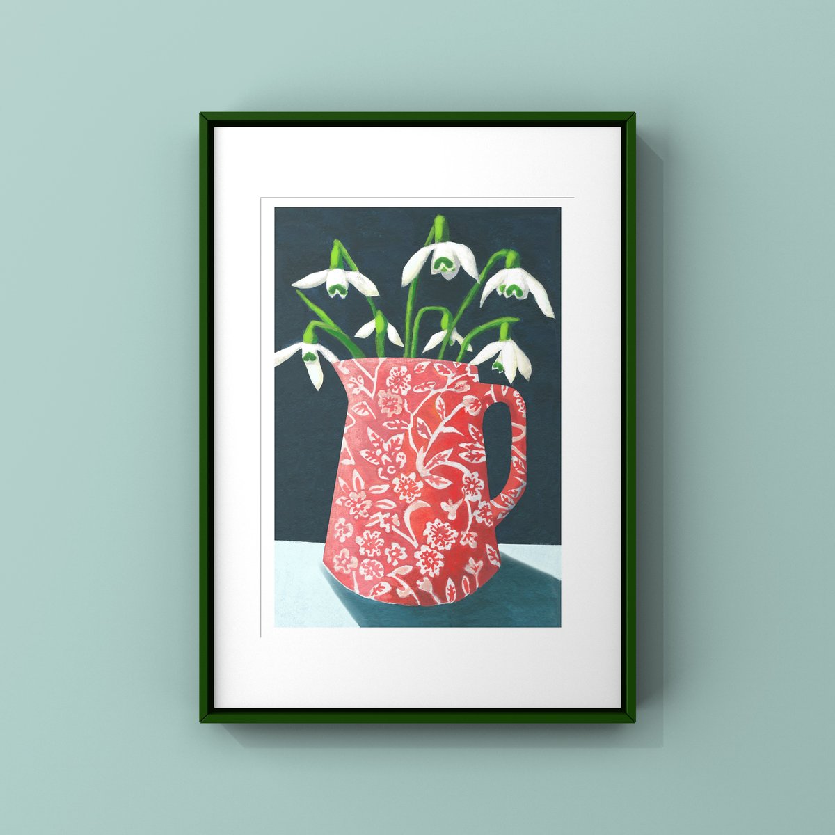 Snowdrops in Red Calico Jug Print & Card