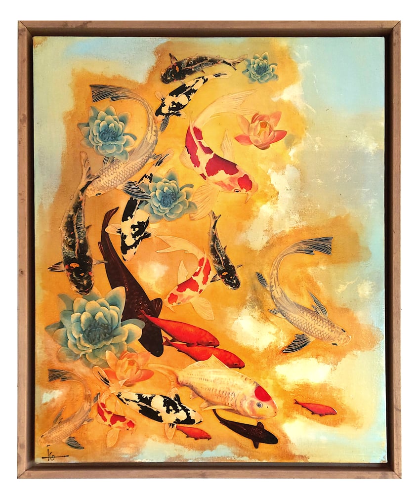 Image of Original Canvas - Koi and Lilies on Pale Blue/Gold