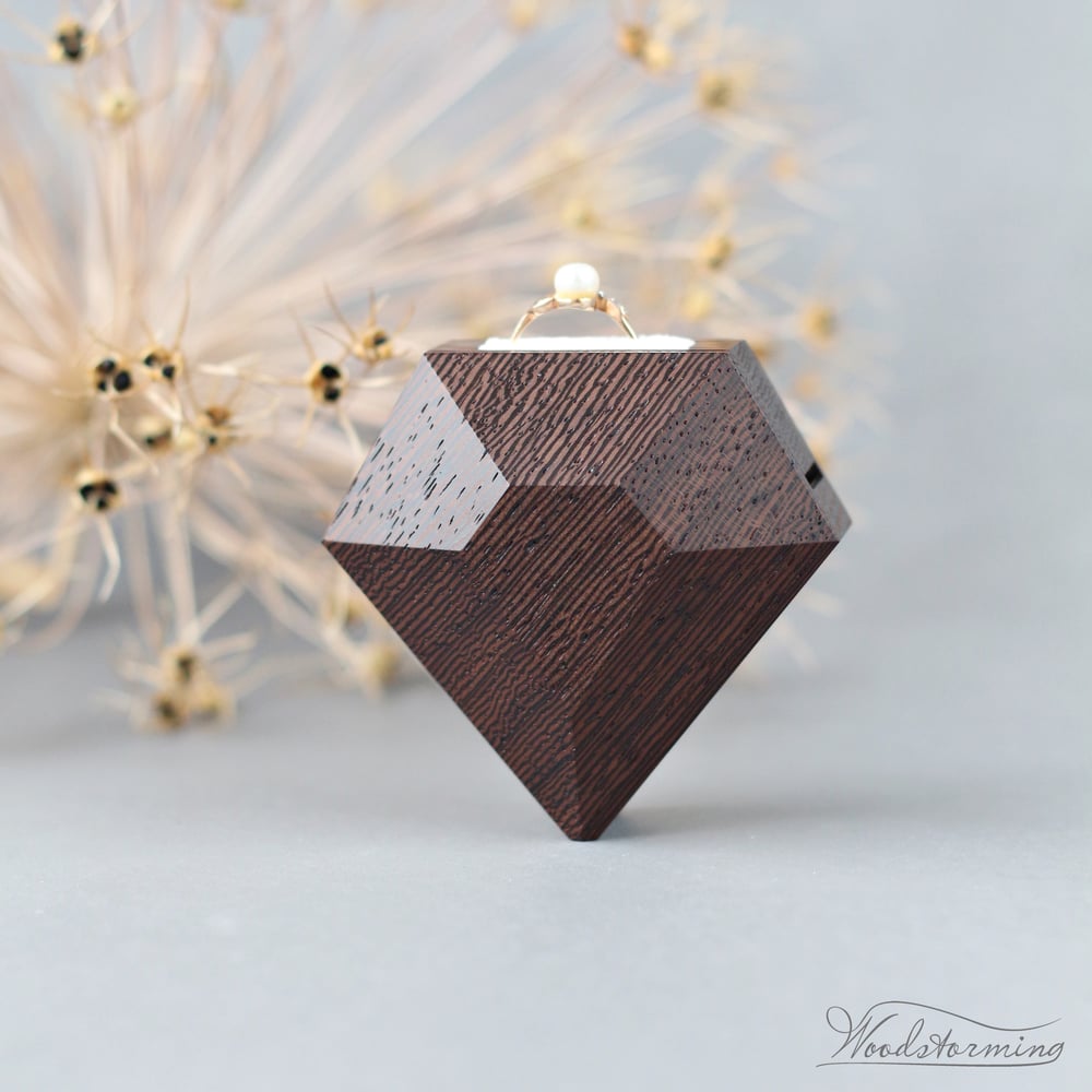 Image of Diamond shape wenge wood ring box with white pillow by Woodstorming - ready to ship