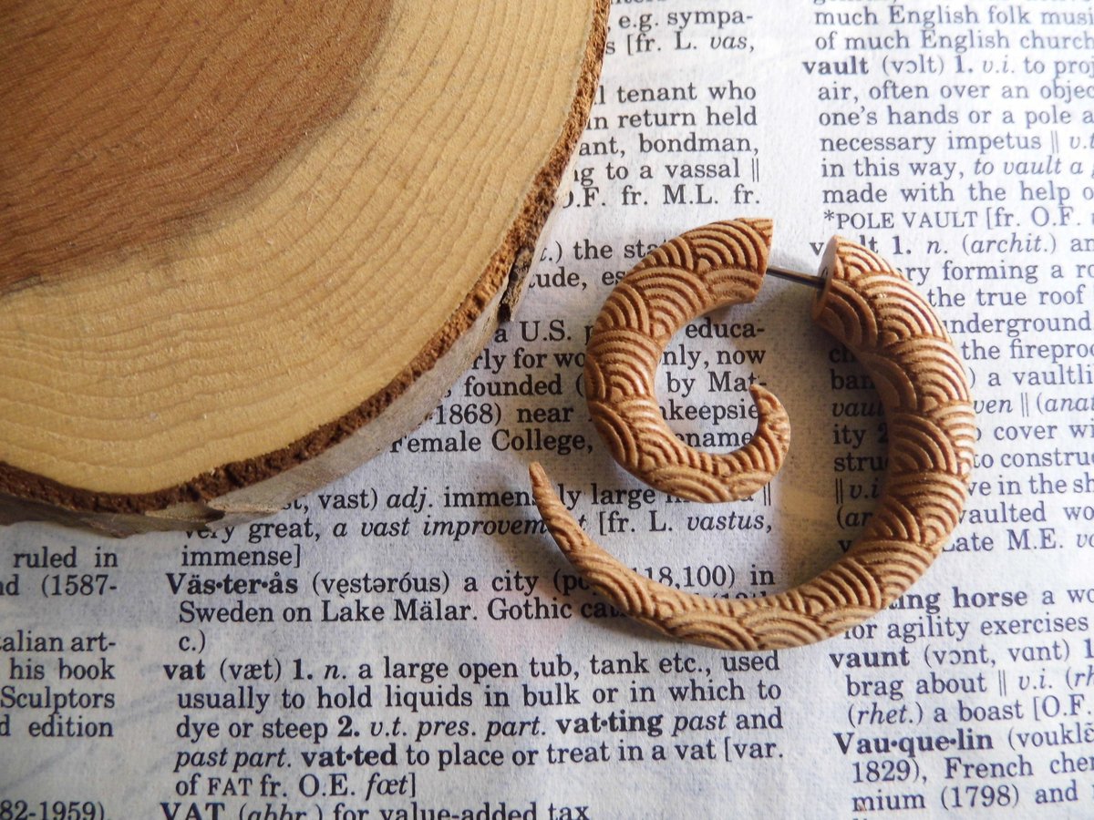 Large Carved Olive Wood Spiral Earring Faux Gauge