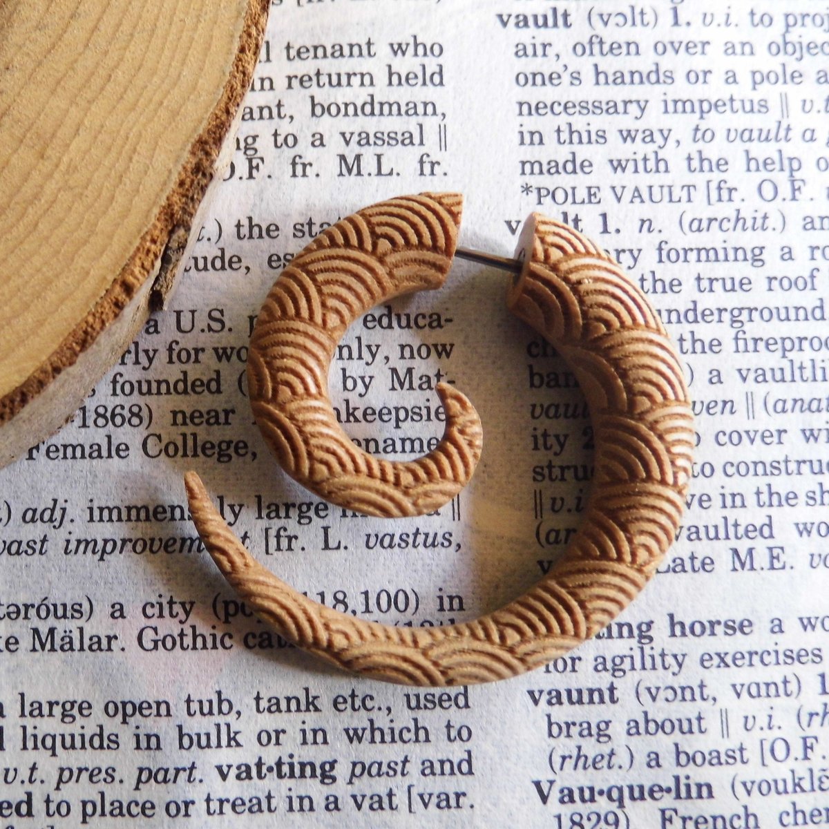 Large Carved Olive Wood Spiral Earring Faux Gauge