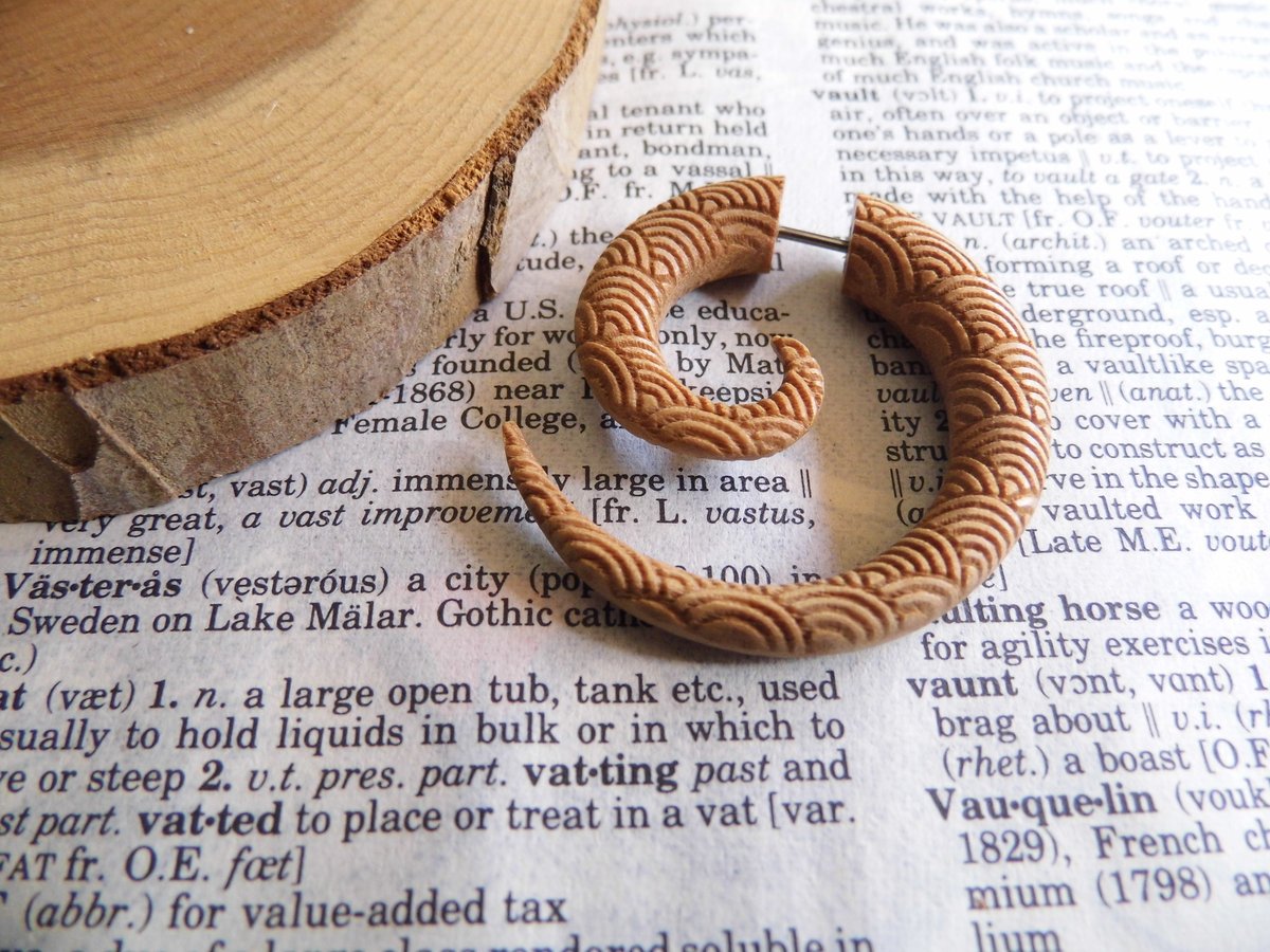 Large Carved Olive Wood Spiral Earring Faux Gauge