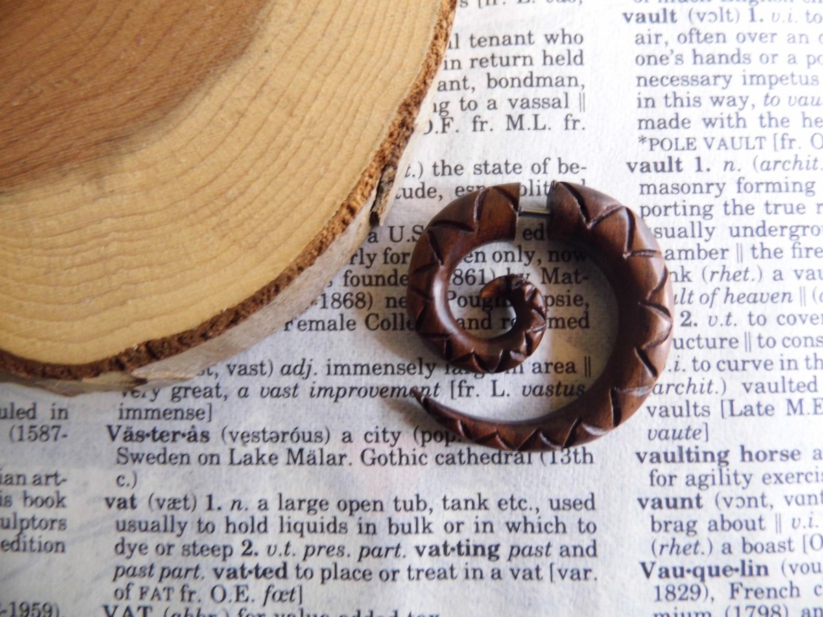 Carved Spiral Wood Earring Faux Gauge