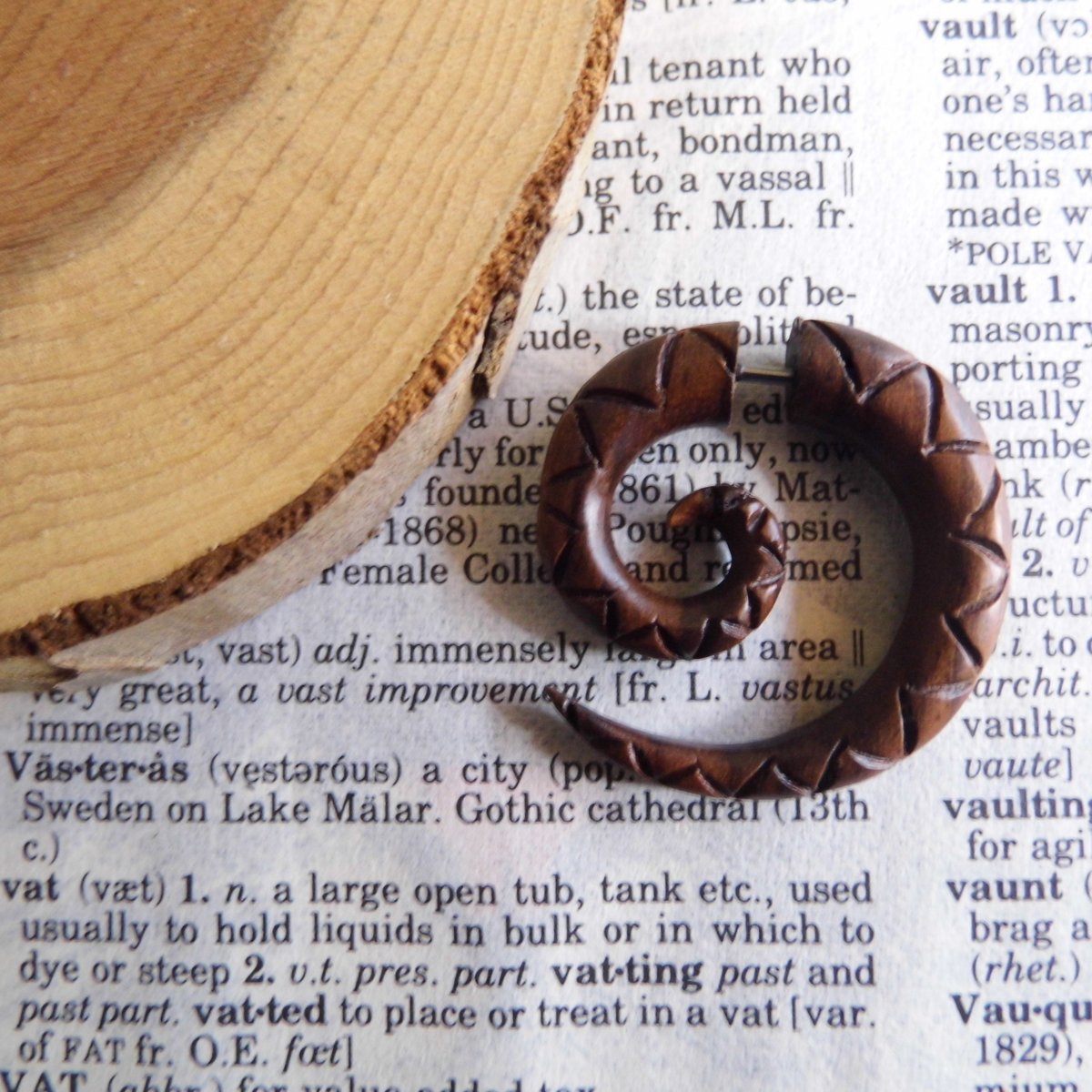 Carved Spiral Wood Earring Faux Gauge