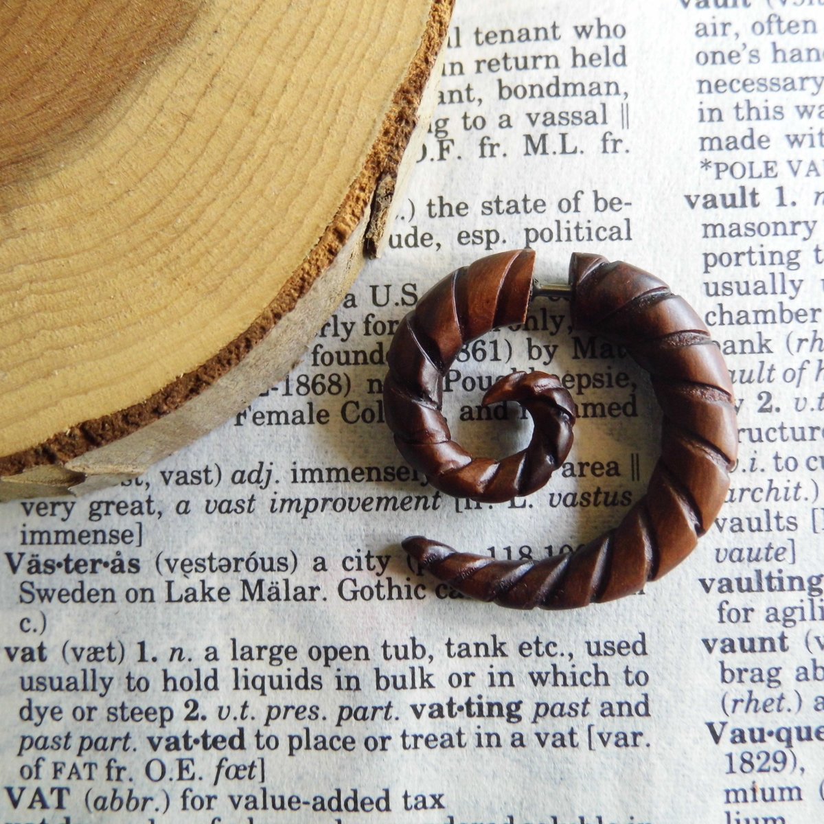 Carved Spiral Wood Earring Faux Stretcher