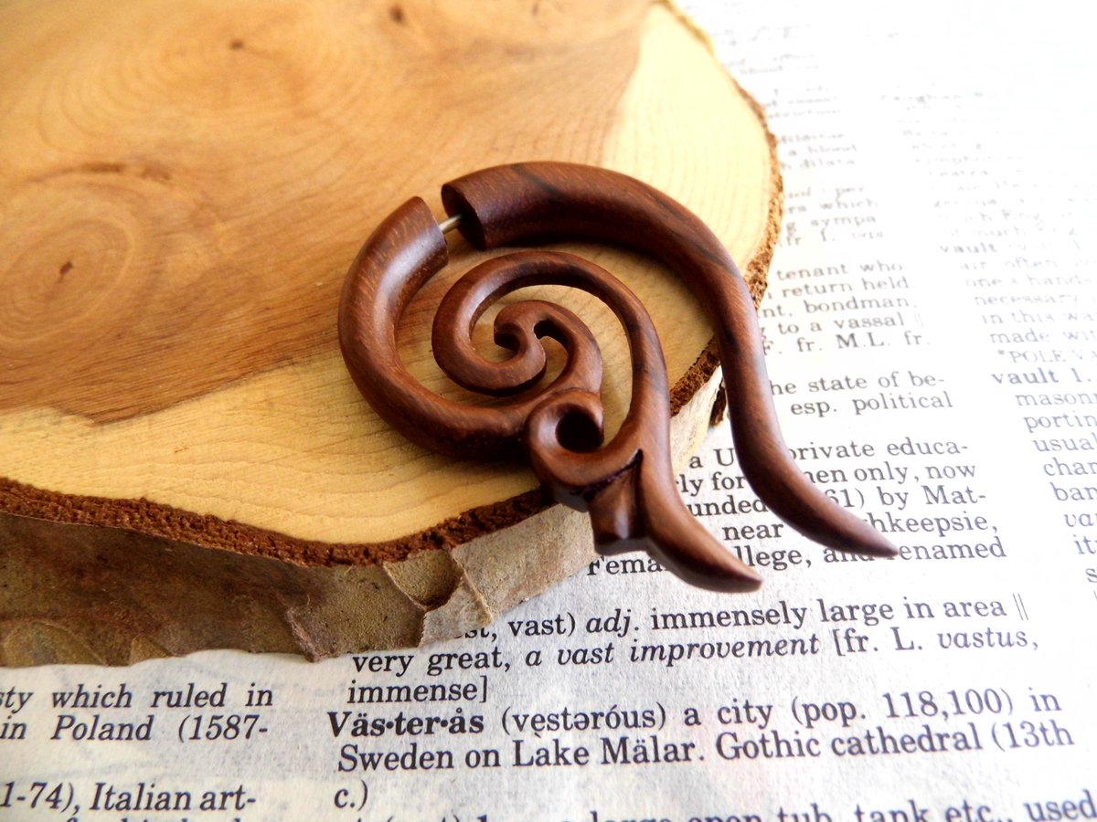 Wood Earring Crescent Moon  Spiral Faux Gauge