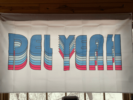 Image of DEL YEAH Full Size Flag (BLUES/PINK/WHITE)