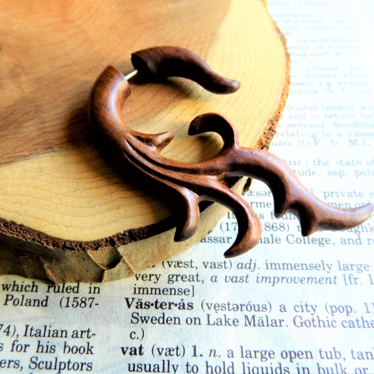 Large Faux Gauge Wooden Earring Tribal Hook