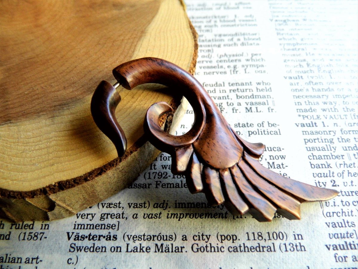 Angel Wing Earring Large Wooden Faux Gauge