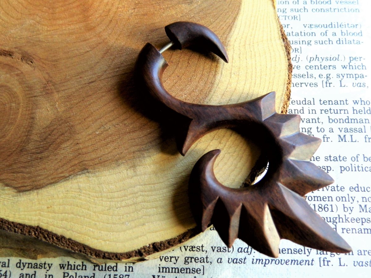 Large Faux Gauge Wooden Earring Tribal Fire Flare