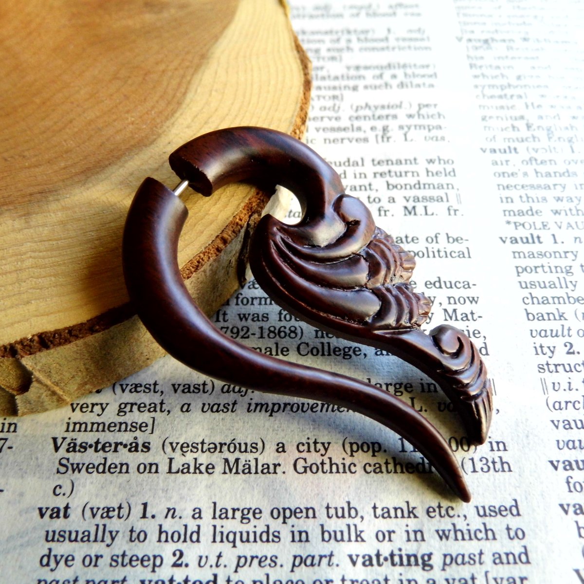 Large Tribal Faux Gauge Wooden Earring