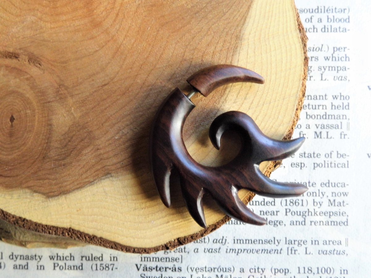 Small Wood Earring Faux Gauge Fire Flare