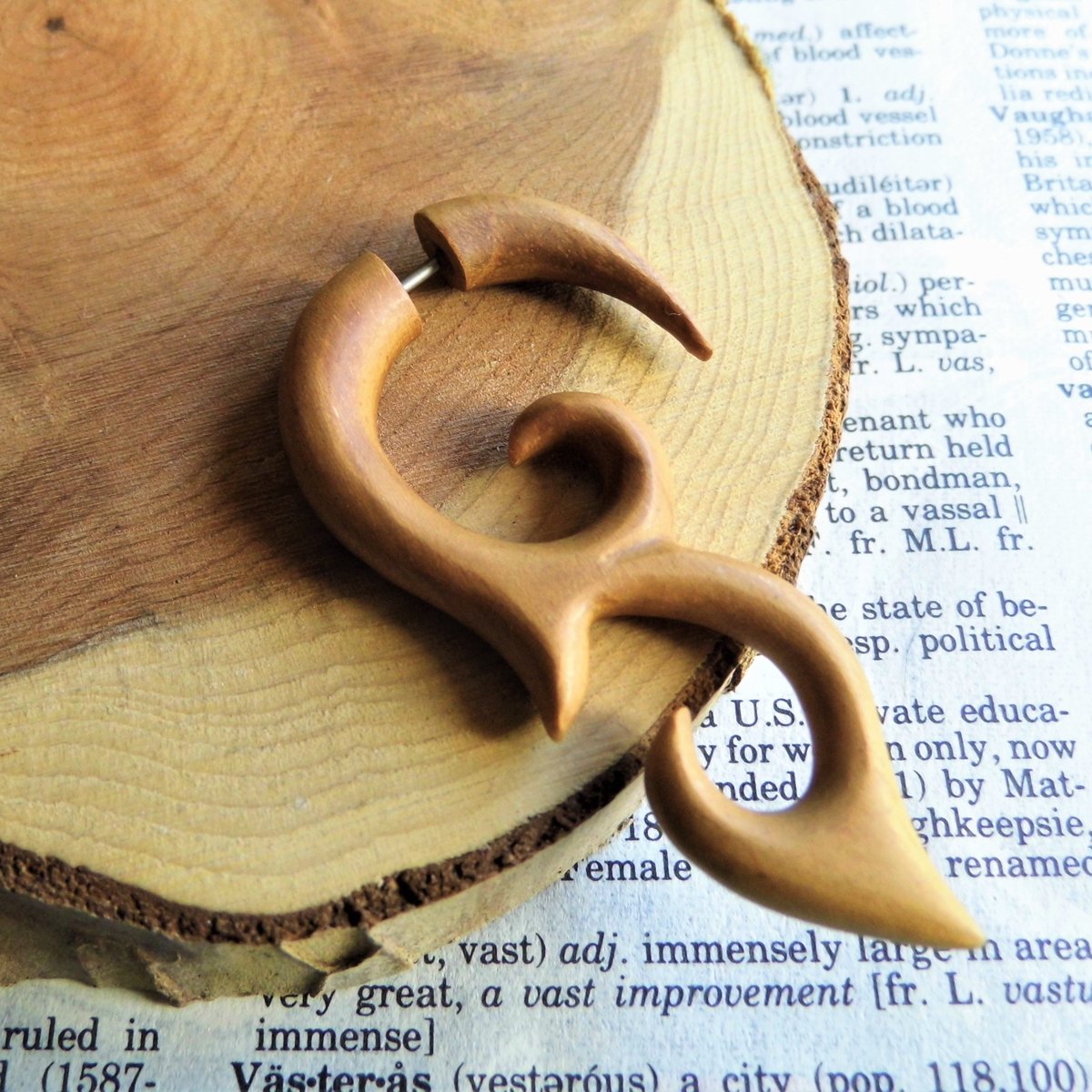 Large Light Wood Tribal Faux Gauge Earring